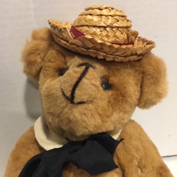 Vintage 1985 KENT Collectibles JOINTED TEDDY BEAR Straw Hat Black Neck Bow 10" - Picture 7 of 9